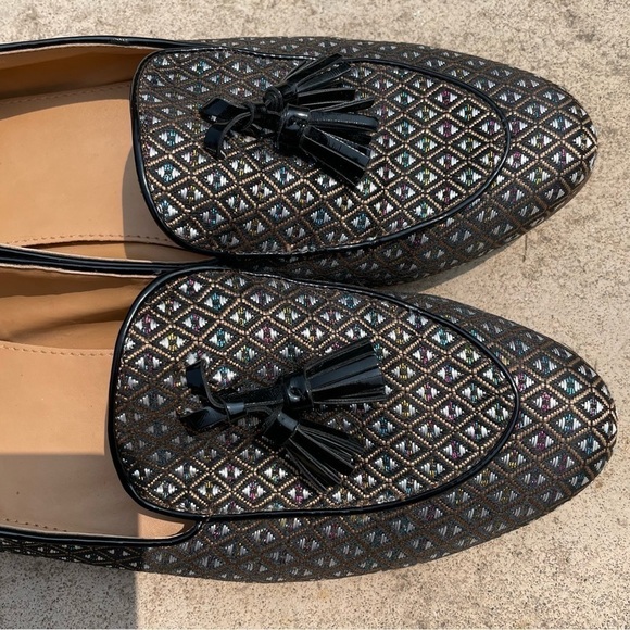 [9.5] J.Crew Black & White, Pink & Blue Diamond Print Almond Toe Tassle Loafers - Picture 7 of 11